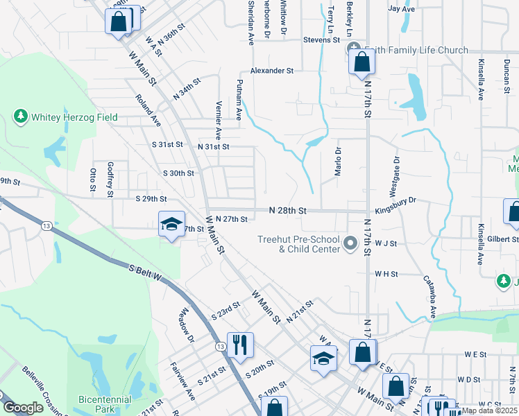 map of restaurants, bars, coffee shops, grocery stores, and more near 134 North 28th Street in Belleville