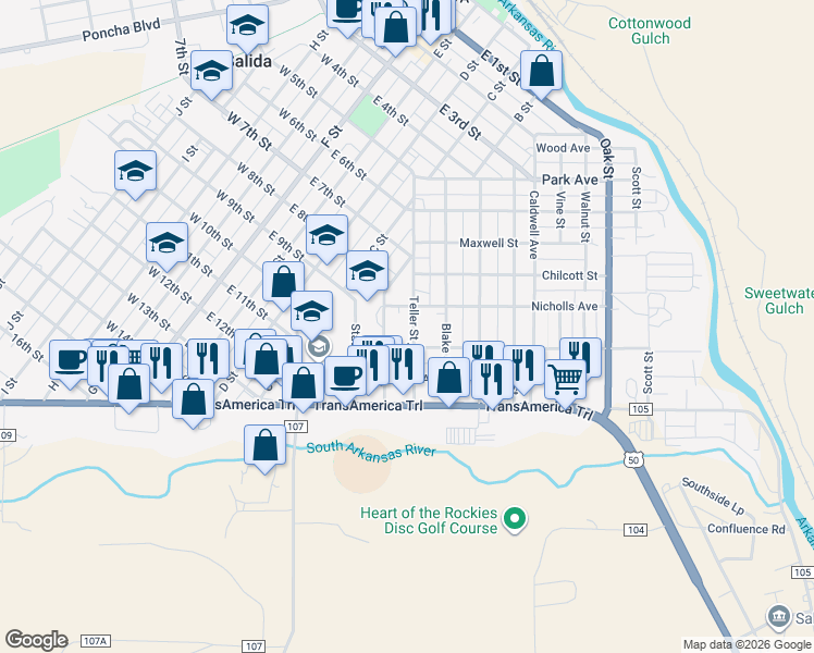 map of restaurants, bars, coffee shops, grocery stores, and more near 516 Teller Street in Salida