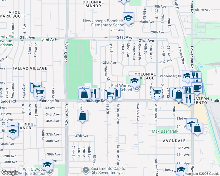 map of restaurants, bars, coffee shops, grocery stores, and more near 5420 71st Street in Sacramento