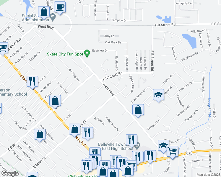 map of restaurants, bars, coffee shops, grocery stores, and more near 2775 East B Street Road in Belleville