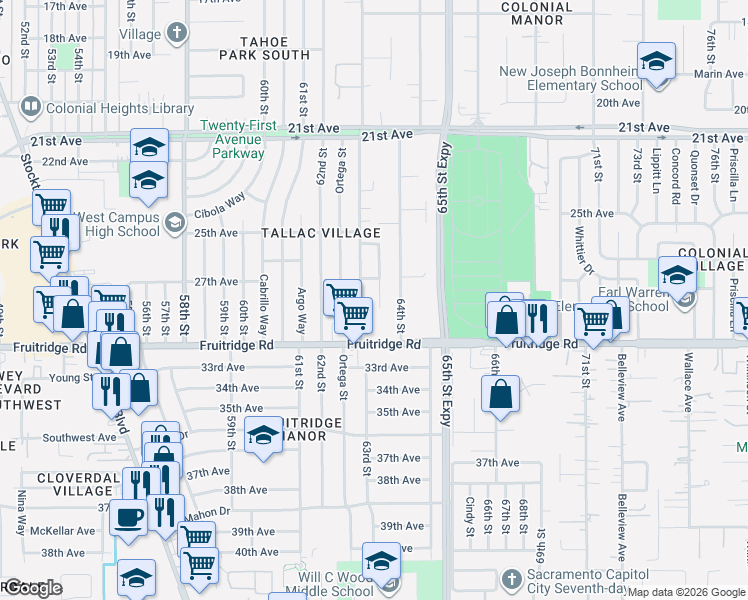 map of restaurants, bars, coffee shops, grocery stores, and more near 5467 63rd Street in Sacramento