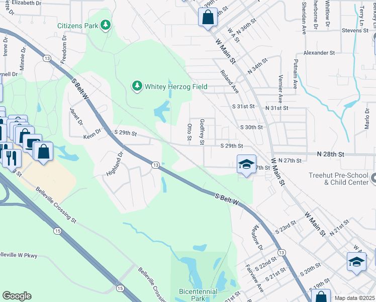 map of restaurants, bars, coffee shops, grocery stores, and more near 2717 South Belt West in Belleville