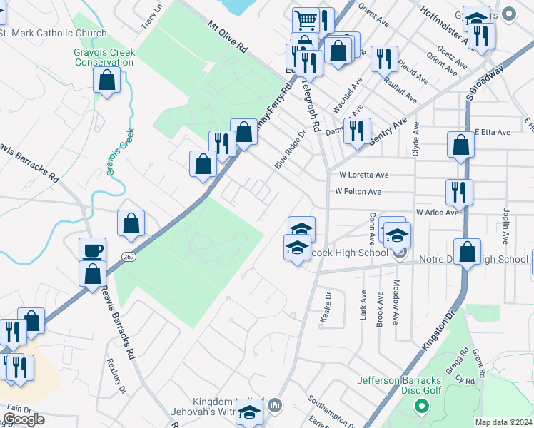 map of restaurants, bars, coffee shops, grocery stores, and more near 1748 Herault Place in St. Louis