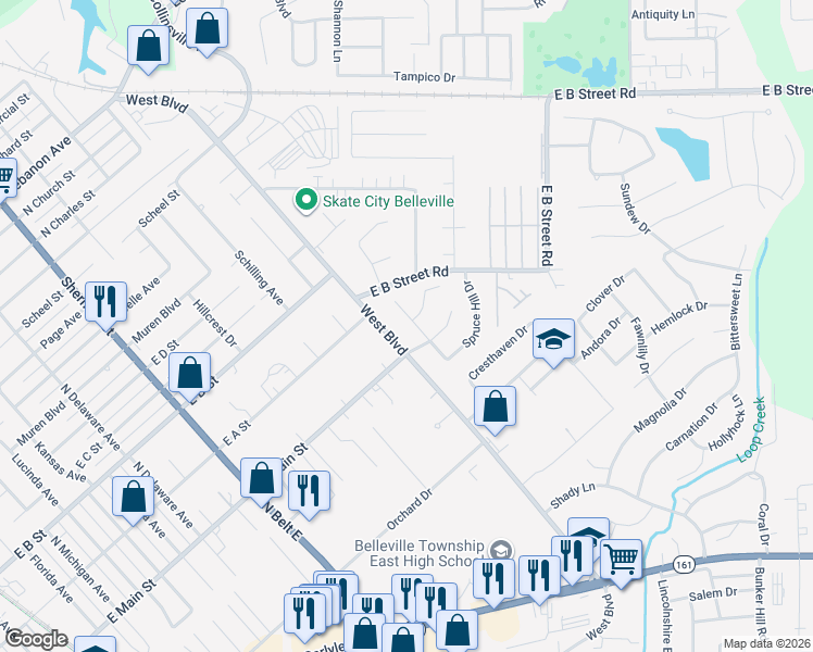 map of restaurants, bars, coffee shops, grocery stores, and more near 1729 Spruce Hill Drive in Belleville