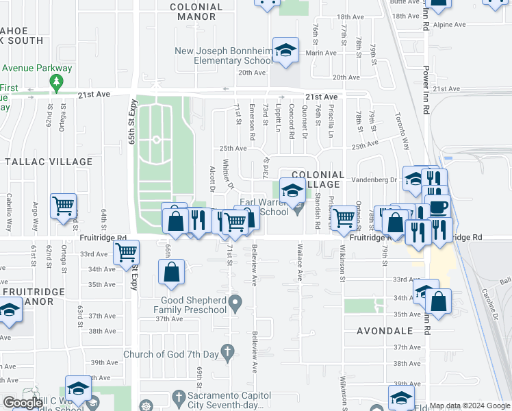 map of restaurants, bars, coffee shops, grocery stores, and more near 5411 Emerson Road in Sacramento