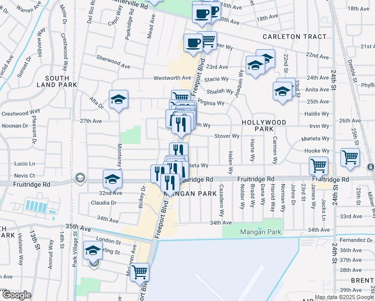map of restaurants, bars, coffee shops, grocery stores, and more near 5428 Carmela Way in Sacramento