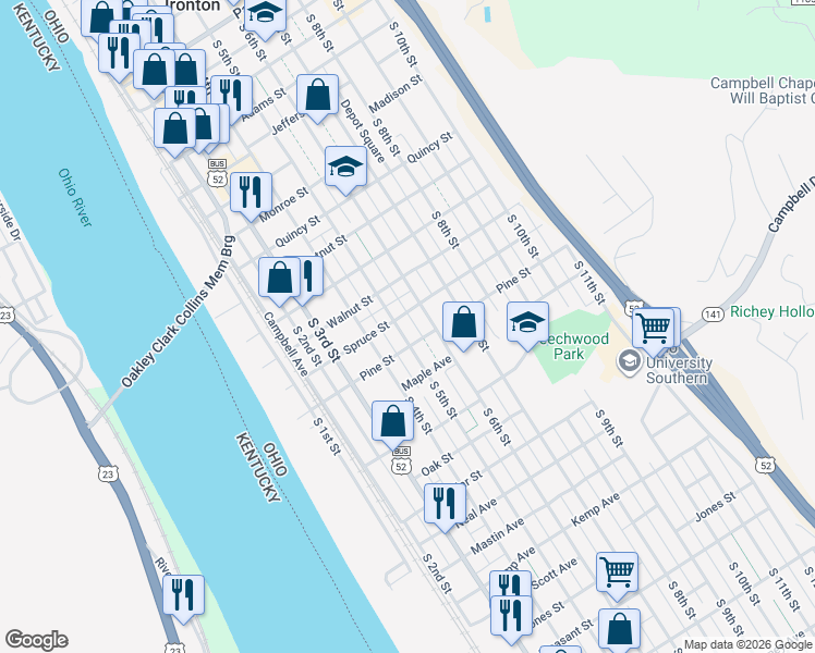 map of restaurants, bars, coffee shops, grocery stores, and more near 421 Pine Street in Ironton