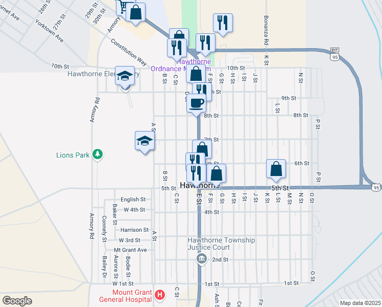 map of restaurants, bars, coffee shops, grocery stores, and more near 593 D Street in Hawthorne