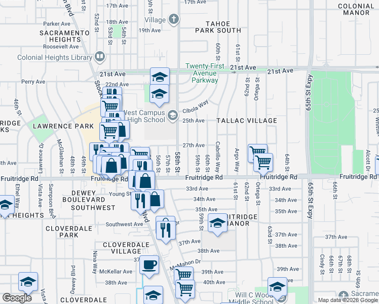 map of restaurants, bars, coffee shops, grocery stores, and more near 5405 59th Street in Sacramento
