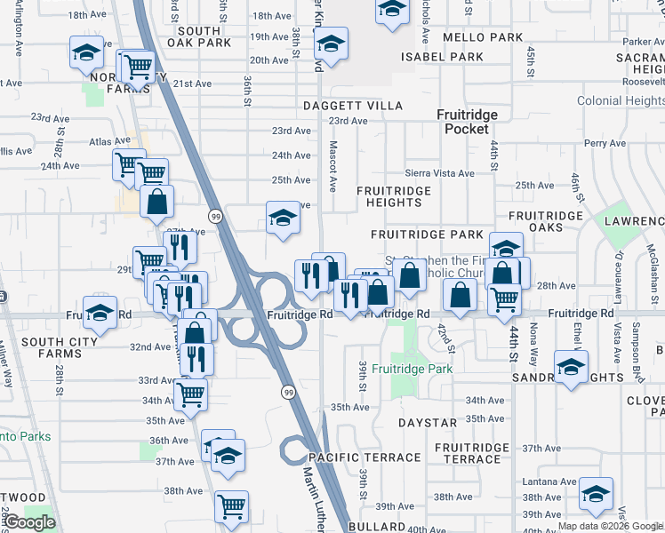map of restaurants, bars, coffee shops, grocery stores, and more near 5501 Martin Luther King Junior Boulevard in Sacramento