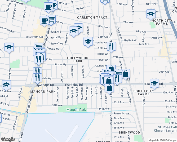 map of restaurants, bars, coffee shops, grocery stores, and more near 2233 Murieta Way in Sacramento