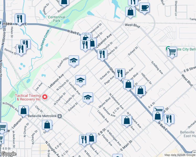 map of restaurants, bars, coffee shops, grocery stores, and more near 1710 Scheel Street in Belleville