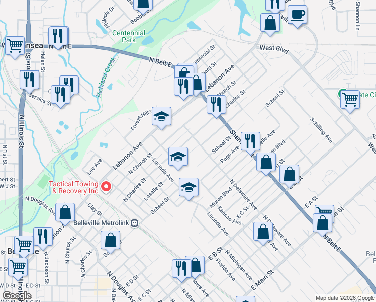 map of restaurants, bars, coffee shops, grocery stores, and more near 1510 Lasalle Street in Belleville