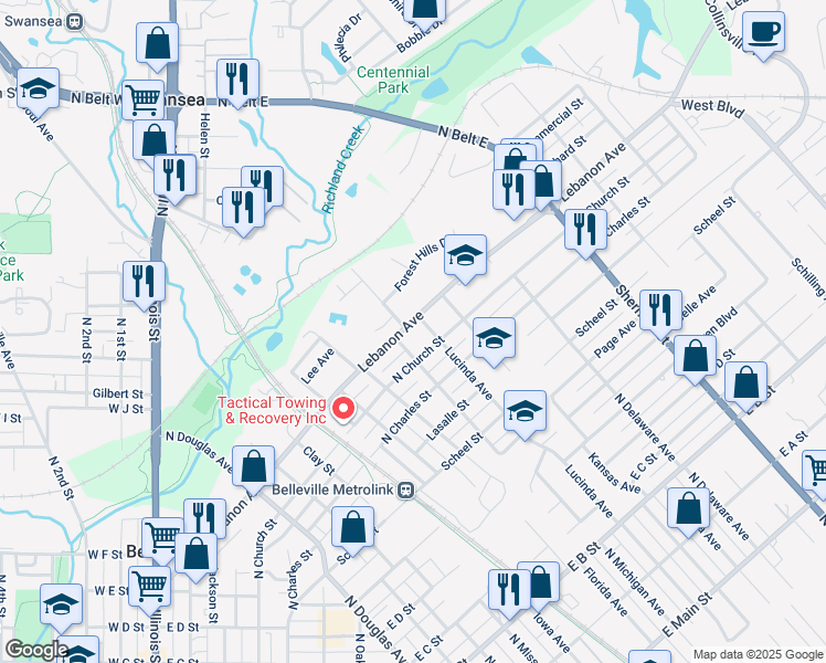 map of restaurants, bars, coffee shops, grocery stores, and more near 1217 North Church Street in Belleville