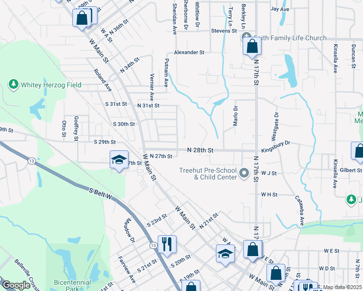 map of restaurants, bars, coffee shops, grocery stores, and more near 134 North 28th Street in Belleville