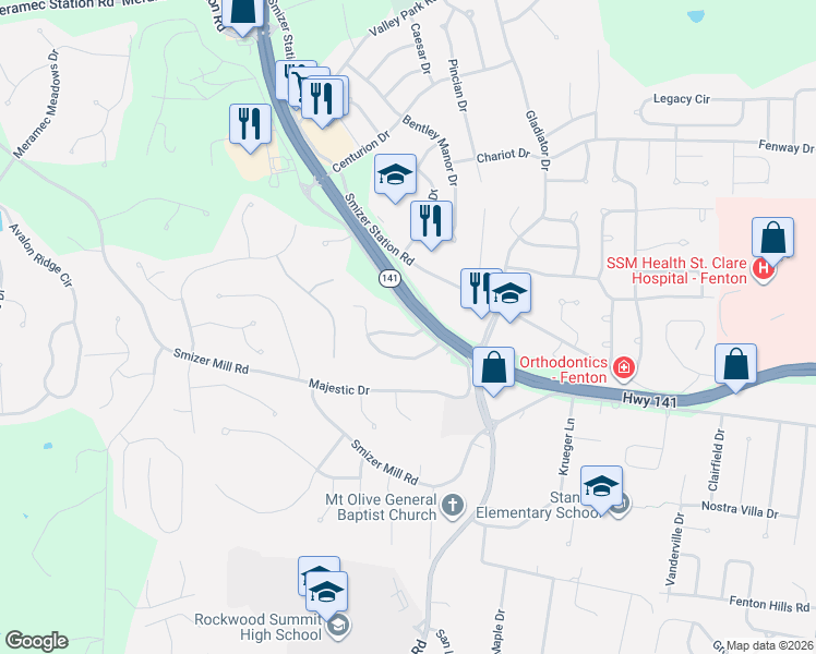map of restaurants, bars, coffee shops, grocery stores, and more near 1741 Preston Centre Drive in Fenton