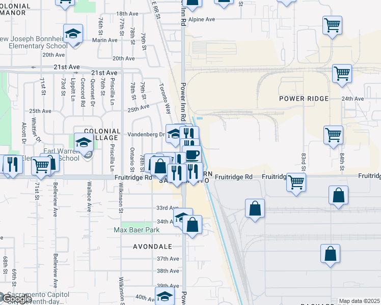 map of restaurants, bars, coffee shops, grocery stores, and more near 5301 Power Inn Road in Sacramento