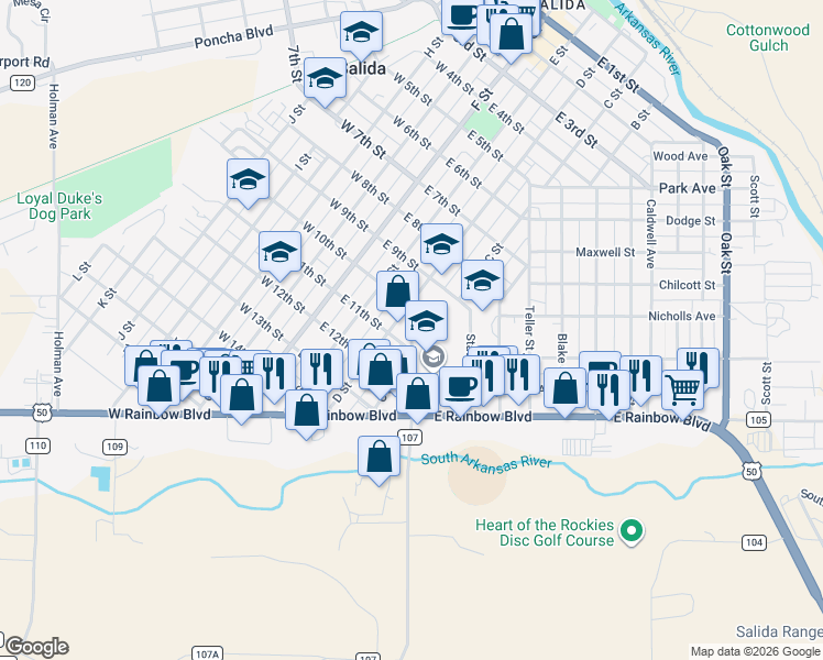 map of restaurants, bars, coffee shops, grocery stores, and more near 325 East 11th Street in Salida
