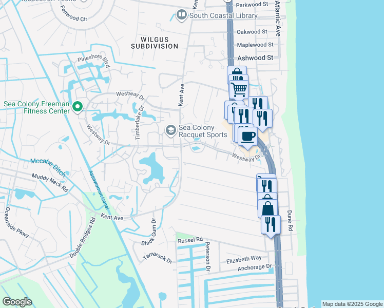 map of restaurants, bars, coffee shops, grocery stores, and more near 1 Short Road in Bethany Beach