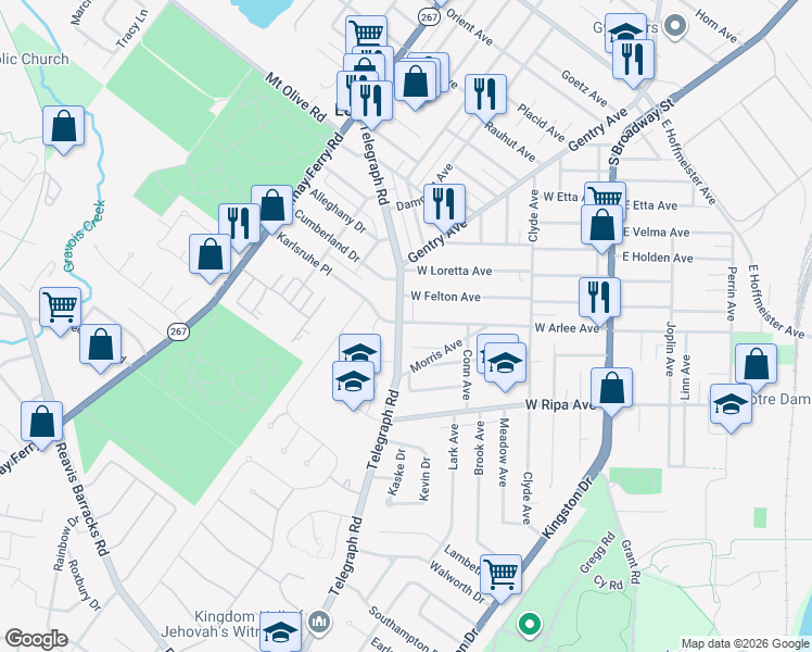 map of restaurants, bars, coffee shops, grocery stores, and more near 422 Jett Avenue in St. Louis