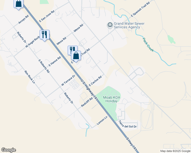 map of restaurants, bars, coffee shops, grocery stores, and more near 2831 East Cactus Road in Moab