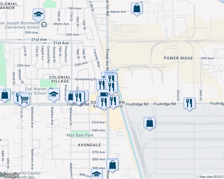 map of restaurants, bars, coffee shops, grocery stores, and more near 5301 Power Inn Road in Sacramento