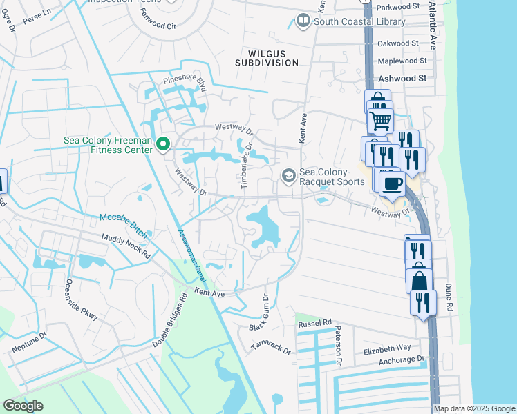 map of restaurants, bars, coffee shops, grocery stores, and more near 8407 Racquet Lane in South Bethany