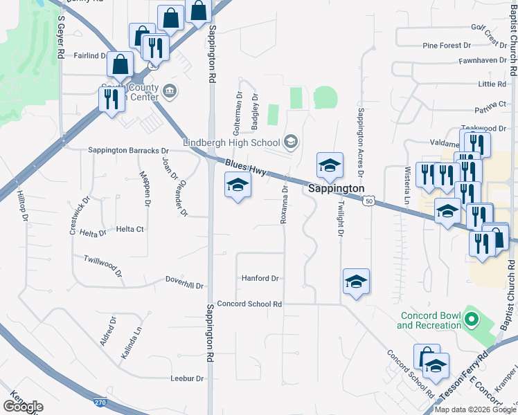 map of restaurants, bars, coffee shops, grocery stores, and more near 10519 Doe Run Court in Sappington