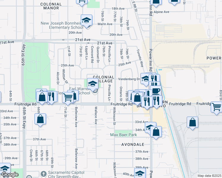 map of restaurants, bars, coffee shops, grocery stores, and more near 5401 Priscilla Lane in Sacramento