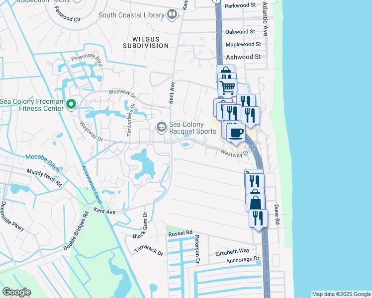 map of restaurants, bars, coffee shops, grocery stores, and more near 2201 Round Robin Way in Bethany Beach