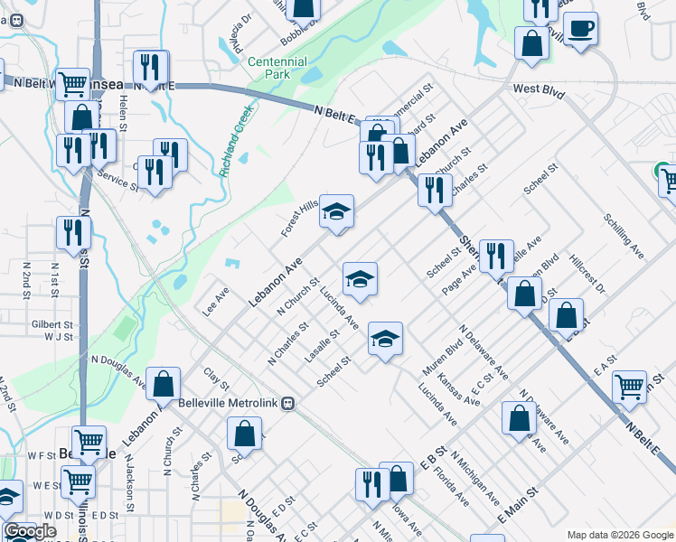 map of restaurants, bars, coffee shops, grocery stores, and more near 1514 North Church Street in Belleville
