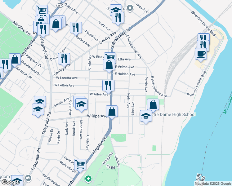 map of restaurants, bars, coffee shops, grocery stores, and more near 123 East Felton Avenue in St. Louis