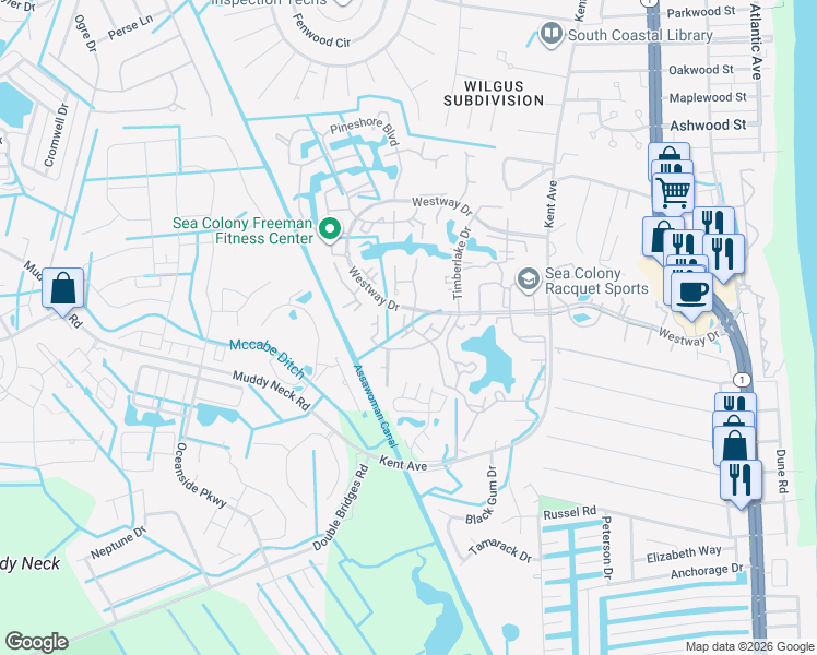 map of restaurants, bars, coffee shops, grocery stores, and more near 2007 Lakeshore Drive in Bethany Beach