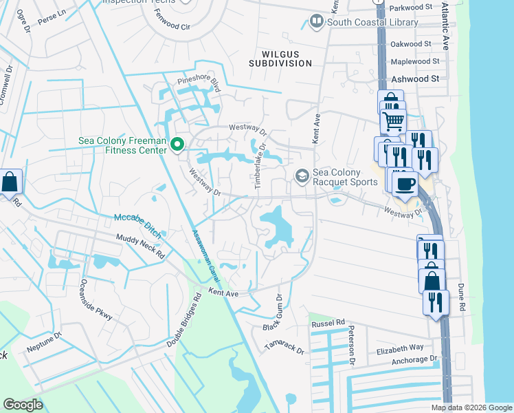 map of restaurants, bars, coffee shops, grocery stores, and more near 7303 Timberlake Court in Bethany Beach