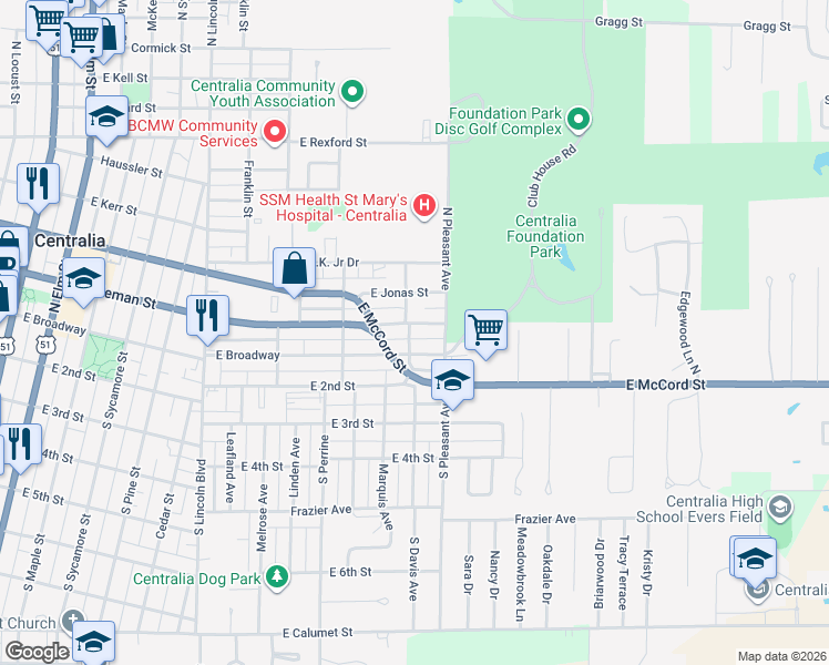 map of restaurants, bars, coffee shops, grocery stores, and more near 200-246 North Davis Avenue in Centralia