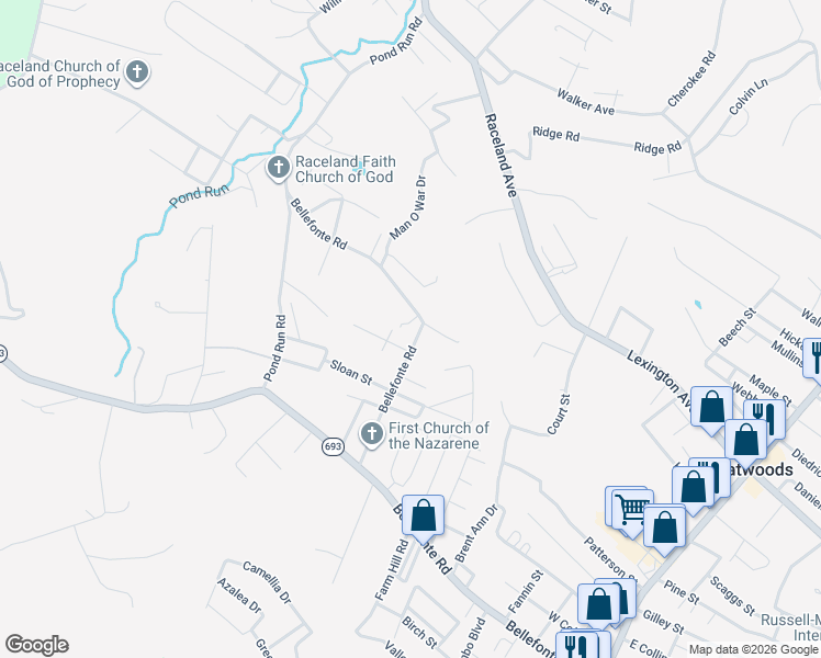 map of restaurants, bars, coffee shops, grocery stores, and more near 35 Bellefonte Road in Raceland