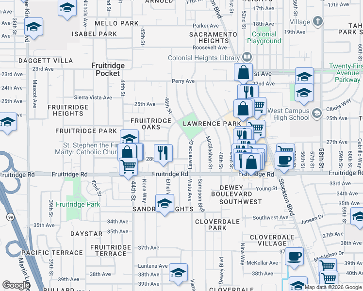 map of restaurants, bars, coffee shops, grocery stores, and more near 5300 46th Street in Sacramento