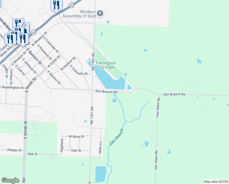 map of restaurants, bars, coffee shops, grocery stores, and more near Elm Branch Road in Windsor