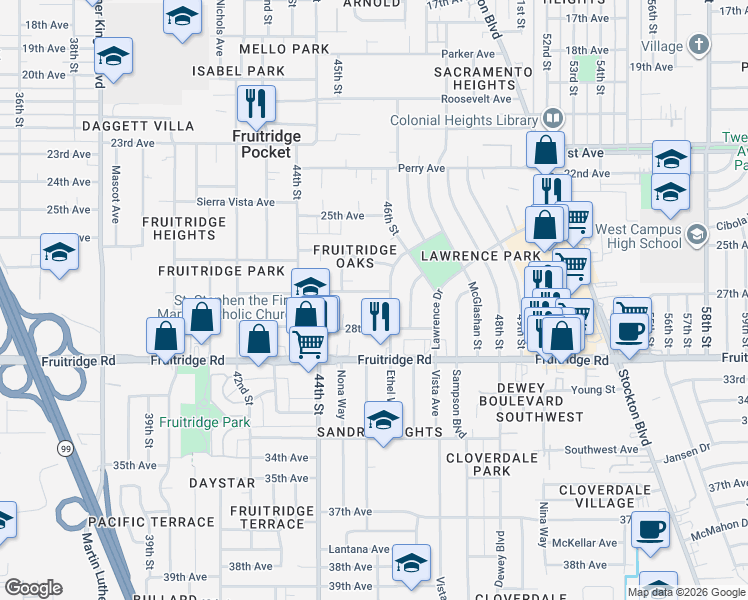 map of restaurants, bars, coffee shops, grocery stores, and more near 4551 Soledad Avenue in Sacramento
