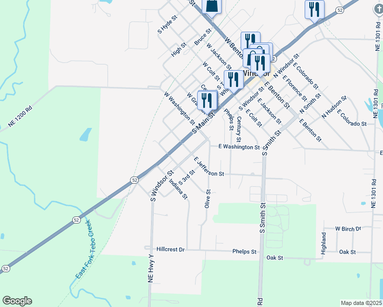 map of restaurants, bars, coffee shops, grocery stores, and more near South Windsor Street in Windsor