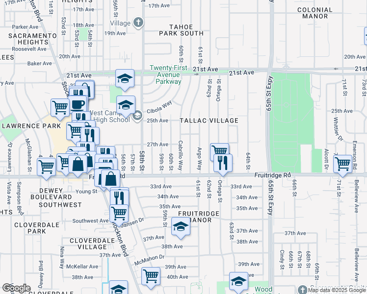 map of restaurants, bars, coffee shops, grocery stores, and more near 5230 Cabrillo Way in Sacramento