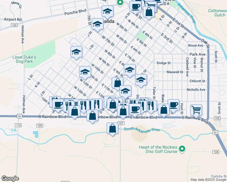 map of restaurants, bars, coffee shops, grocery stores, and more near 1012 D Street in Salida