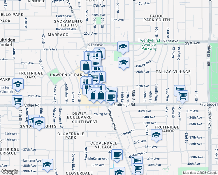 map of restaurants, bars, coffee shops, grocery stores, and more near 5303 Stockton Boulevard in Sacramento