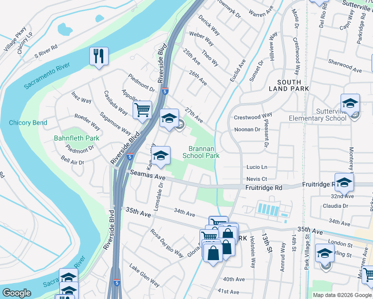 map of restaurants, bars, coffee shops, grocery stores, and more near 5300-5306 Elmer Way in Sacramento