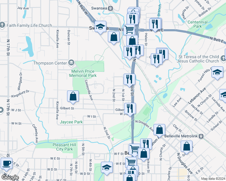 map of restaurants, bars, coffee shops, grocery stores, and more near 1400 North 2nd Street in Belleville