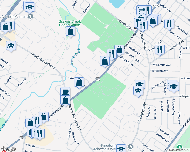 map of restaurants, bars, coffee shops, grocery stores, and more near 1825 Lemay Ferry Road in St. Louis