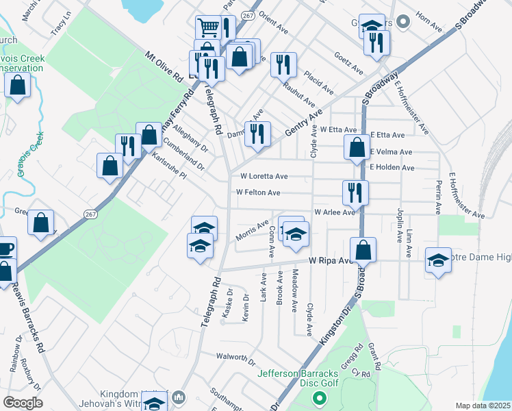 map of restaurants, bars, coffee shops, grocery stores, and more near 315 West Arlee Avenue in St. Louis