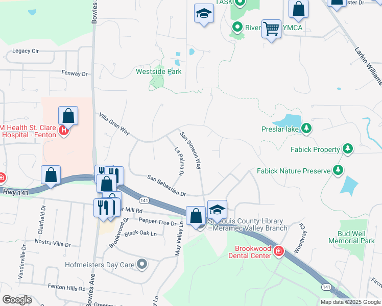 map of restaurants, bars, coffee shops, grocery stores, and more near 1692 San Simeon Way in Fenton