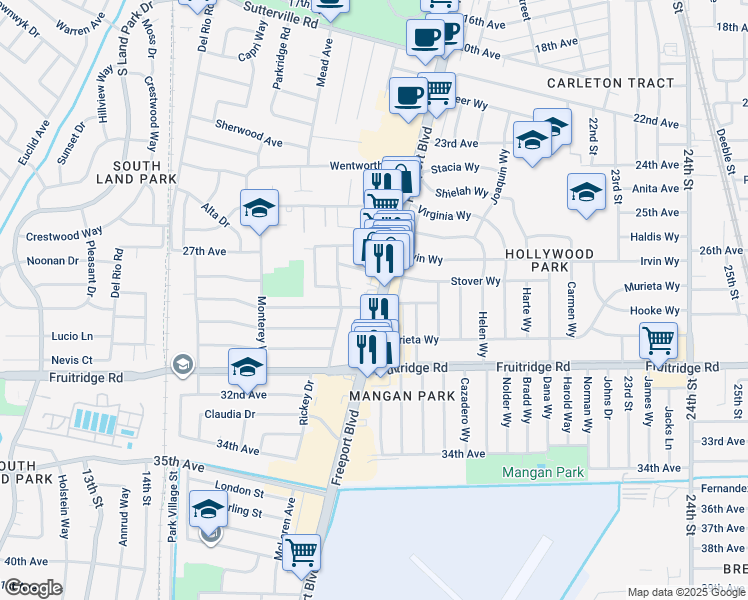 map of restaurants, bars, coffee shops, grocery stores, and more near 5150 Freeport Boulevard in Sacramento