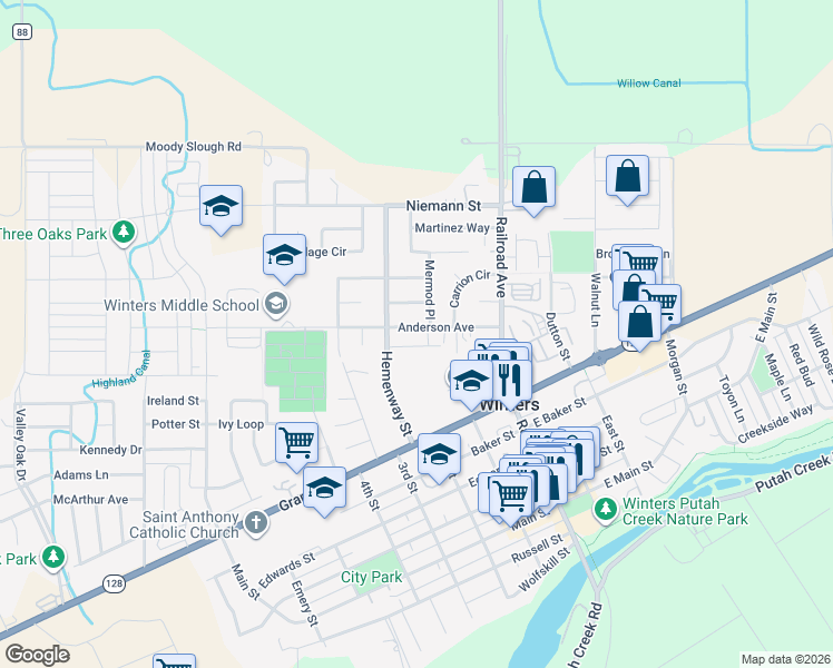 map of restaurants, bars, coffee shops, grocery stores, and more near 201 Anderson Avenue in Winters